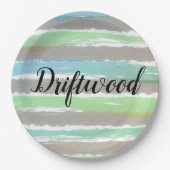 Driftwood Grey Blue Green Stripes Waterverf Papieren Bordje (Voorkant)