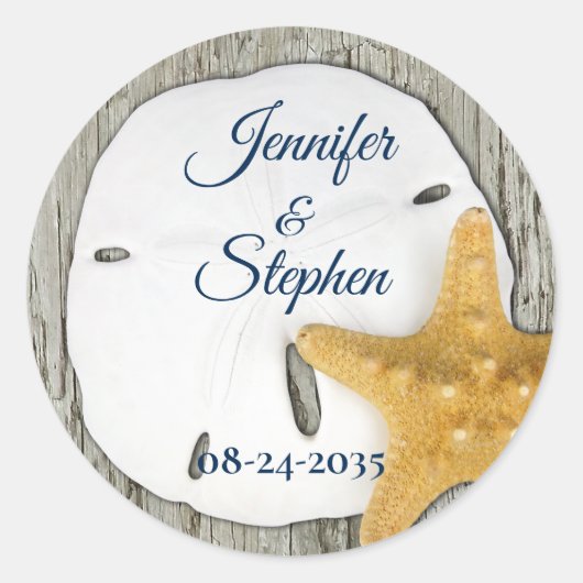 Driftwood Rustic Wedding Classic Sand Dollar Ronde Sticker (Voorkant)