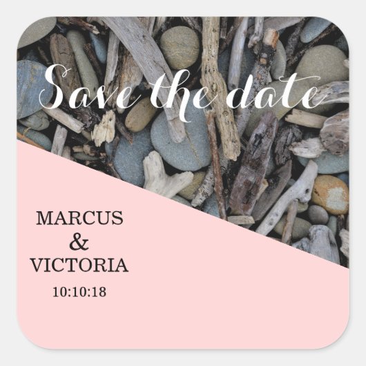 Driftwood strand bruiloft Save the date Vierkante Sticker (Voorkant)