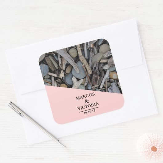 Driftwood strand bruiloft vierkante sticker (Envelop)