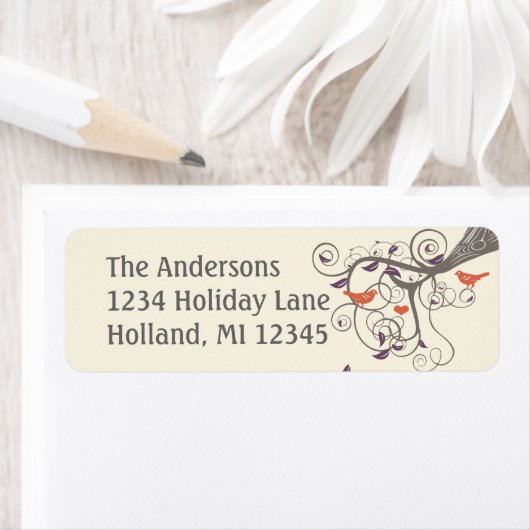 Driftwood Tree Oranje Love Bird Return Address Etiket (Insitu)