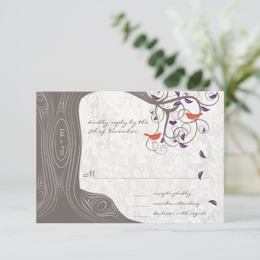 Driftwood Tree Swirl Tortelduifjes Weddenschap RSV RSVP Kaartje (Staand voorkant)