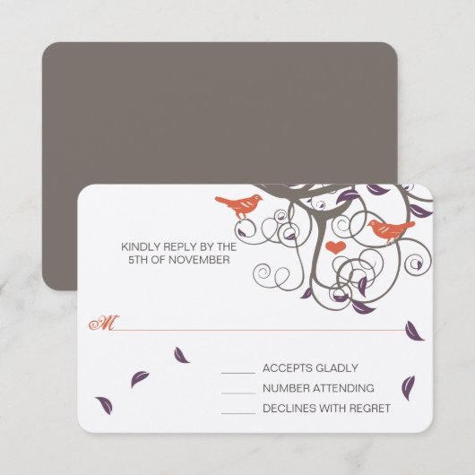 Driftwood Tree Swirl Tortelduifjes Weddenschap RSV RSVP Kaartje (Voorkant / Achterkant)