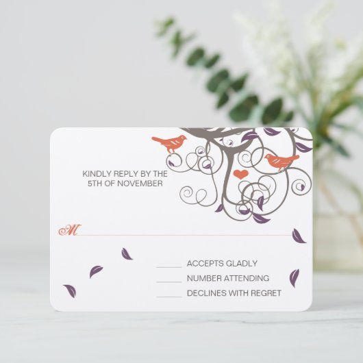 Driftwood Tree Swirl Tortelduifjes Weddenschap RSV RSVP Kaartje (Staand voorkant)