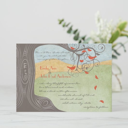 Driftwood Tree Tangerine Birds Wedding Invitting Kaart (Staand voorkant)