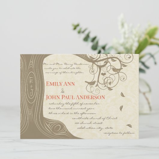 Driftwood Tree Tangerine Birds Wedding Invitting Kaart (Staand voorkant)