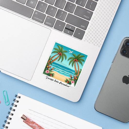 "Drijf het paradijs binnen" Sticker (Laptop met iPhone)