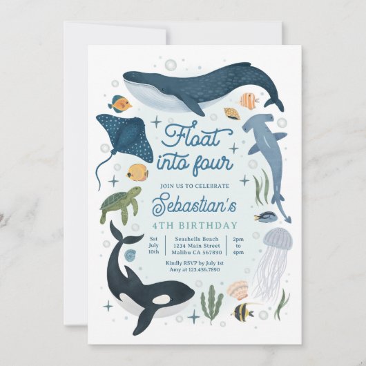 Drijf in vier onder het Zee 4e verjaardag Kaart (Voorkant)