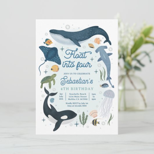 Drijf in vier onder het Zee 4e verjaardag Kaart (Staand voorkant)