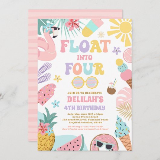 Drijf in vier tropische strand 4e verjaardagsfeest kaart (Voorkant / Achterkant)