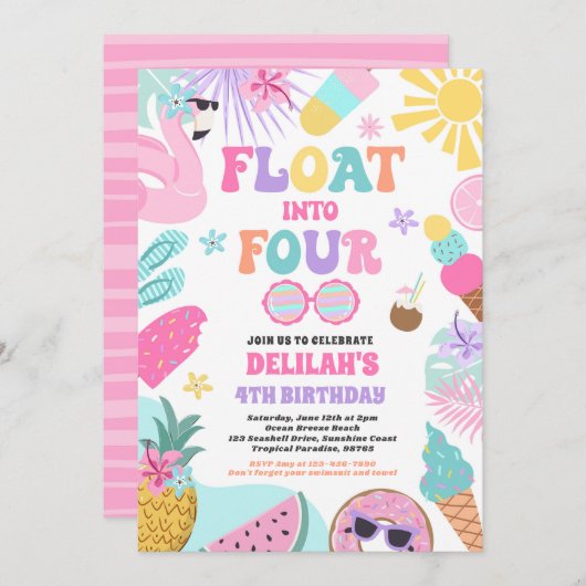 Drijf in vier tropische strand 4e verjaardagsfeest kaart (Voorkant / Achterkant)