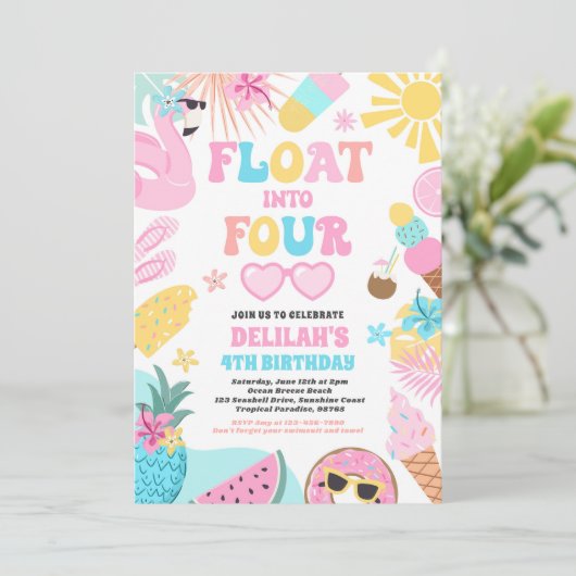 Drijf in vier tropische strand 4e verjaardagsfeest kaart (Staand voorkant)