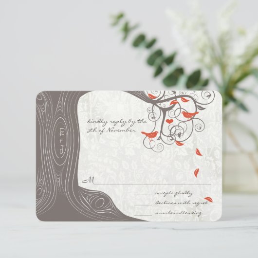 Drijfhout Boom Koraal Liefdesvogels Trouw Uitnodig Kaart (Staand voorkant)