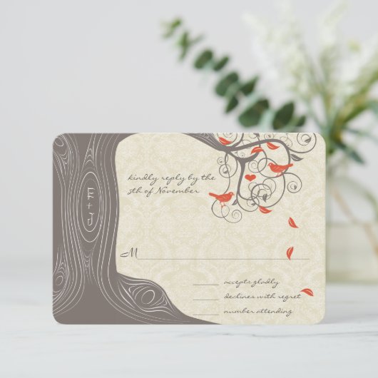 Drijfhout Boom Wervelende Liefdesvogels Trouw Uitn RSVP Kaartje (Staand voorkant)