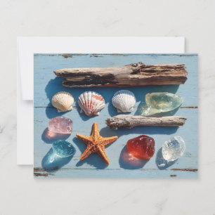Drijfhout Schelpen Zeesterren en Zee Glas Briefkaart