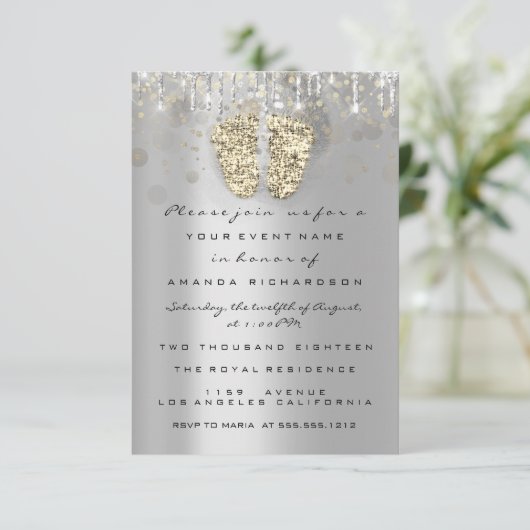 Drijft Glitter Baby shower Feet Gold Grey Girl Boy Kaart (Staand voorkant)