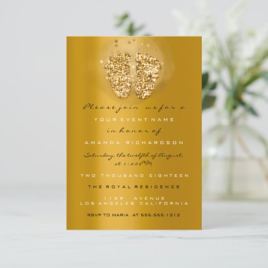 Drijft Glitter Baby shower Feet Gold VIP Girl Boy Kaart (Staand voorkant)