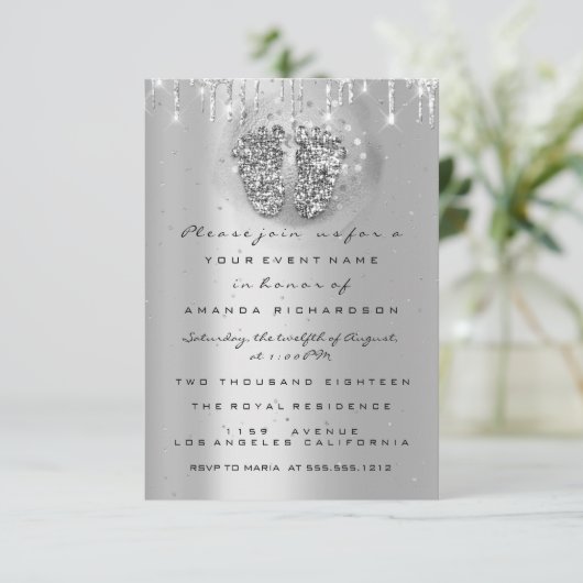 Drijft Glitter Baby shower Feet SilverGrey Girl Bo Kaart (Staand voorkant)