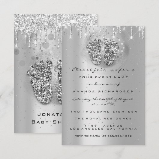 Drijft Glitter Baby shower Feet SilverGrey Girl Bo Kaart (Voorkant / Achterkant)