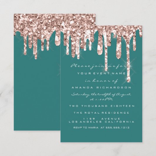 Drijft Roos Blauwgroen Glitter Bridal Sweet 16th Kaart (Voorkant / Achterkant)