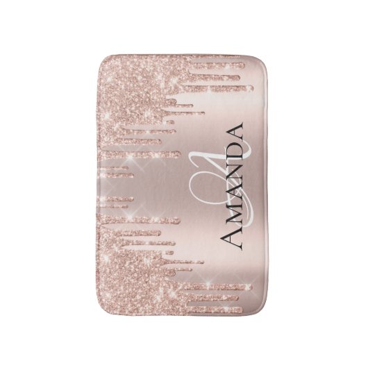 Drijft Roos Gold Blush Glitter Name Monogram Pink Badmat (Voorkant Verticaal)