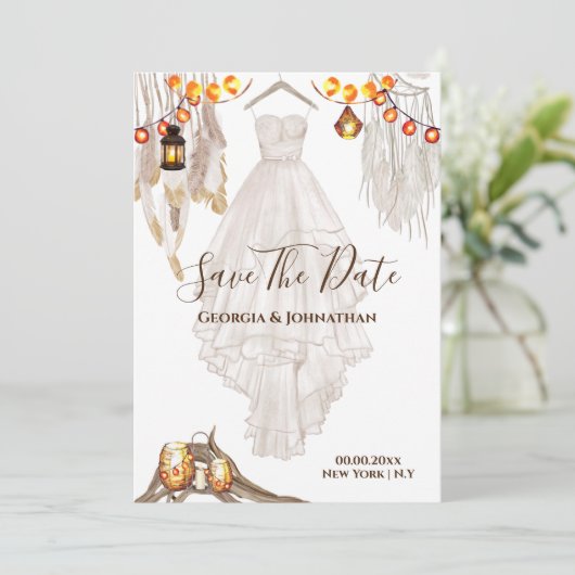 Drijfveer, macrame lantaarnbruiloft save the date (Staand voorkant)