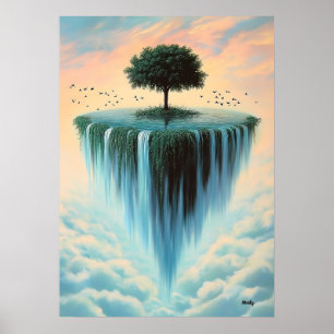 Drijvend Eiland met Boom en Watervallen – Surreali Poster