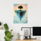 Drijvend Eiland met Boom en Watervallen – Surreali Poster (Thuiskantoor)