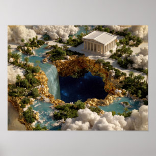 Drijvend Eiland Tempel Fantasie Kunst Poster
