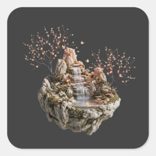 Drijvend Eiland Waterval Fantasie Natuur Plein St Vierkante Sticker