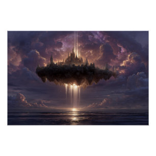 Drijvend Fantasie Kasteel Wolken Balken Gloeiend Perfect Poster