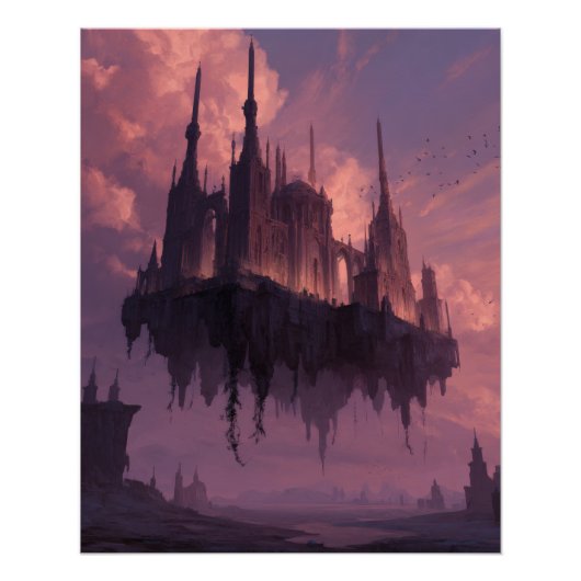 Drijvend gotisch kasteel in roze schemering perfect poster (Voorkant)