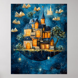Drijvend Huis van Boeken Fantasy Kunst Poster