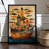 Drijvend kasteel op een schip Folk Art Poster