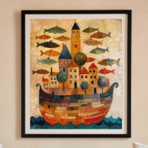 Drijvend kasteel op een schip Folk Art Poster