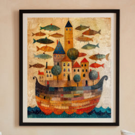 Drijvend kasteel op een schip Folk Art Poster