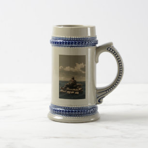 Drijvend linkerhand blauw steengoed bierpul