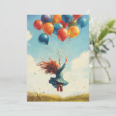 Drijvend meisje met ballonnen kaart (Staand voorkant)