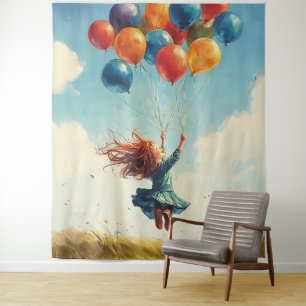 Drijvend meisje met ballonnen wandkleed