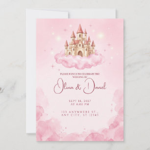 Drijvend Roze Kasteel Wolk Huwelijksuitnodiging Kaart