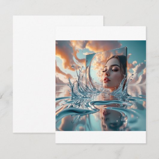 Drijvend spiegelpaneel stijgt op uit een rustig ze RSVP kaartje (Voorkant / Achterkant)