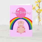 Drijvend varken boven de regenboog verjaardagskaar kaart (Gele Bloem)