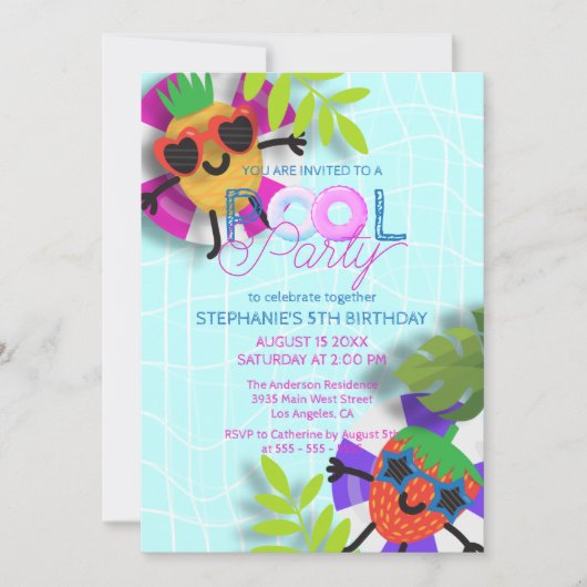 Drijvende Ananas en Aardbei Pool Party Kaart (Voorkant)