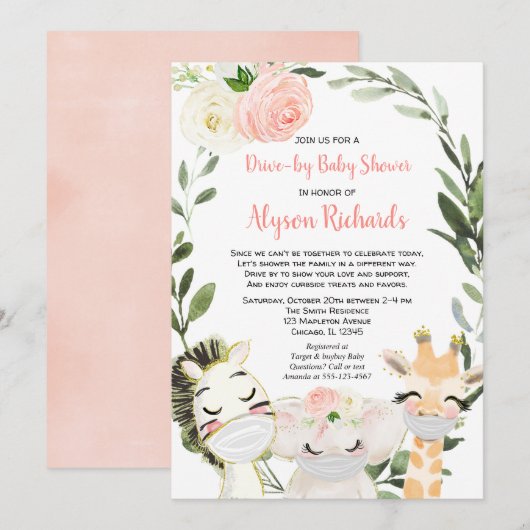 Drijvende baby shower safari dieren roze groen kaart (Voorkant / Achterkant)