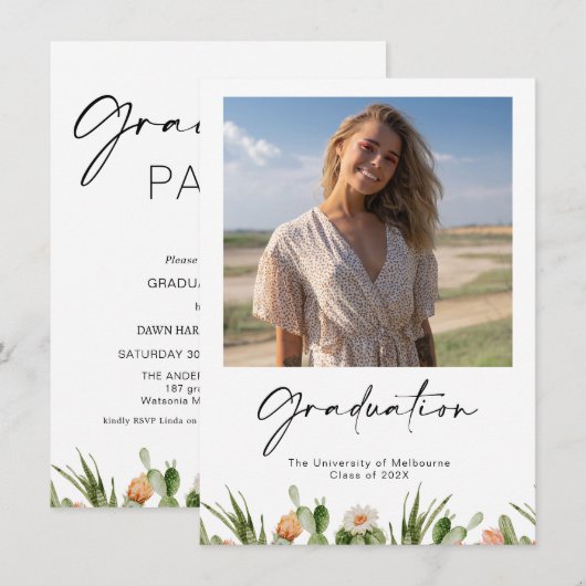 Drijvende cactus Foto Afstuderen Uitnodiging (Voorkant / Achterkant)