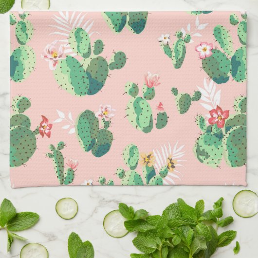 Drijvende cactus op roze achtergrondkeuken theedoek (Gevouwen)