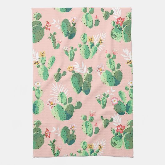 Drijvende cactus op roze achtergrondkeuken theedoek (Verticaal)