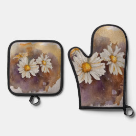 Drijvende Daisy-Waterverf Ovenwant & Pannenlap Set