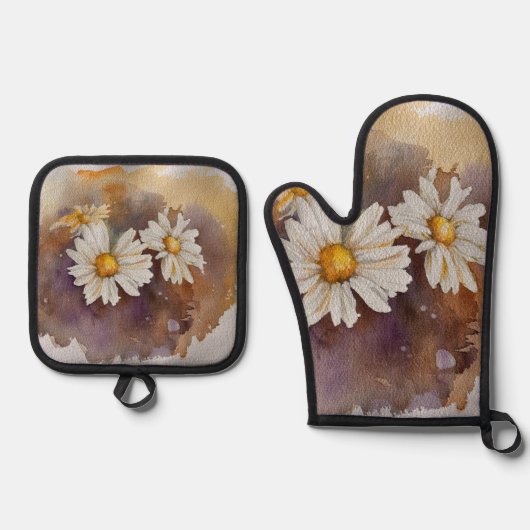 Drijvende Daisy-Waterverf Ovenwant & Pannenlap Set (Voorkant)