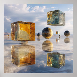 Drijvende geometrische hoogstandjes boven water poster